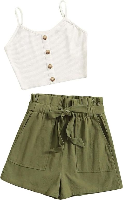 Amazon.com: SHENHE Girl's 2 Piece Outfits Button Up Sleeveless Cami Top and Belted Shorts Sets White and Army Green 12-13Y: Clothing, Shoes & Jewelry Colorful Outfit Ideas Summer, Clothes School Outfits, Summer Outfits For 11-12, Trendy Summer Outfits Shorts, Casual Cute Outfits Summer Simple, Summer Outfits For Girls 10-12, Cute Outfits For Teen Girls For Summer, Green Cute Outfits, Clothes For Girls 7-8