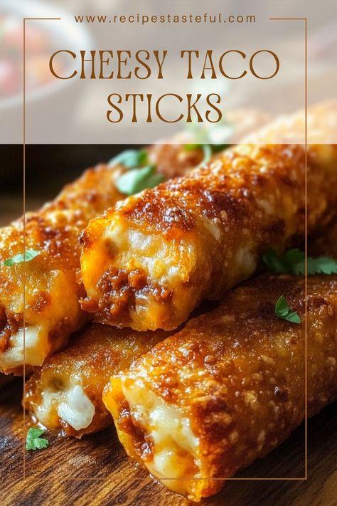 Enjoy these delicious cheesy taco sticks, a perfect combination of seasoned ground beef and gooey cheese wrapped in crispy pizza dough. Ideal for snacks, appetizers, or a fun family dinner! Egg Roll Ideas, Cheesy Taco Sticks, Taco Sticks, Mexican Food Dishes, Crispy Pizza, Mexican Appetizers, Fall Baking Recipes, Seasoned Ground Beef, Delicious Appetizer Recipes