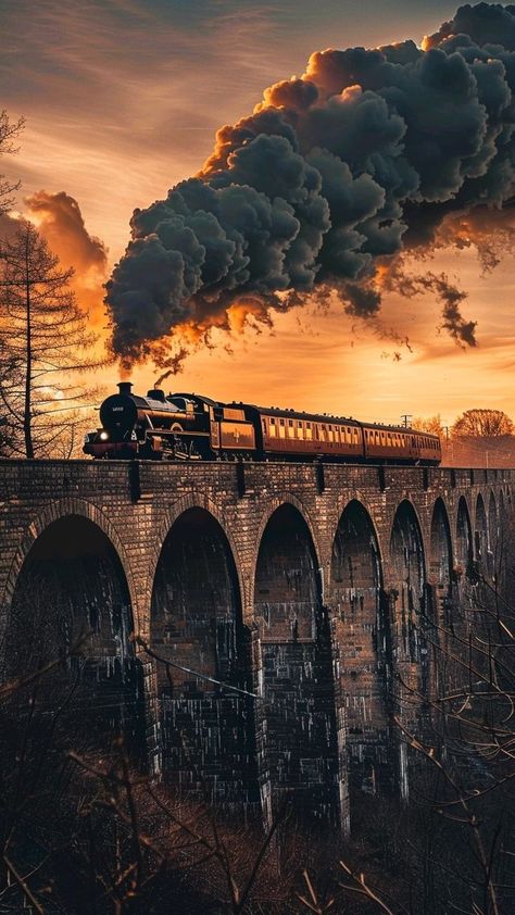 Time Wheel, Old Railway Station, Train Artwork, Railway Photography, Sunset Bridge, Steam Trains Photography, Train Illustration, Railroad Art, Dark Beauty Photography