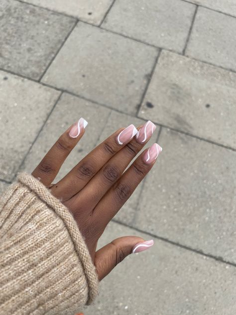 Baby Pink nails with white swirl art Basic Spring Acrylic Nails, Simple Plain Nail Designs, Office Acrylic Nails, Corporate Nails Simple, Simple Nail Designs Coffin Shape, Corporate Nail Designs, Minimalist Nails Coffin, Cheap Nail Ideas, Engagement Nails Ideas Simple