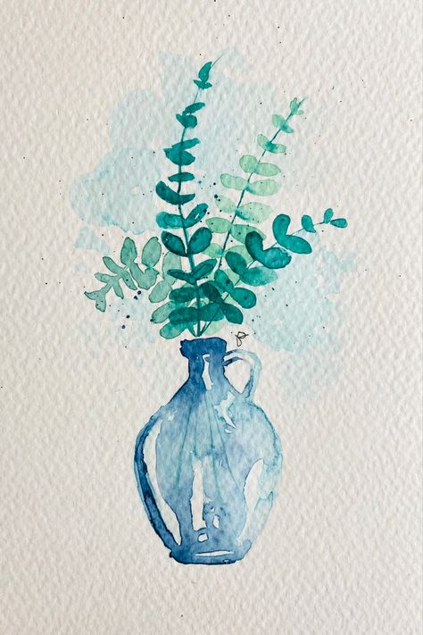 Vase Of Flowers Watercolor, Potted Plant Watercolor, Flower Pot Watercolor, Flower Vase Watercolor, Watercolor Vases, Watercolor Vase, Watercolor Objects, Beginning Watercolor, Minimal Watercolor