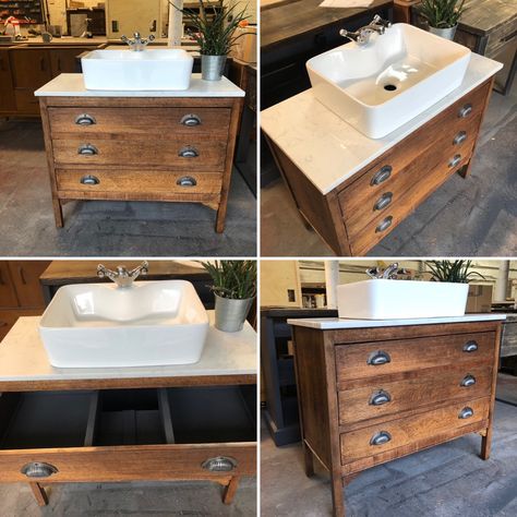 This is the latest vintage oak chest of drawers to be restored and repurposed as a washstand it looks stunning with the new quartz top and chrome sunbeam drawer pulls Vintage Bathroom Vanities, Vintage Bathroom Vanity, Baños Shabby Chic, Diy Bathroom Vanity, Cottage Bathroom, Downstairs Bathroom, Upstairs Bathrooms, Bathroom Redo, Vintage Bathroom