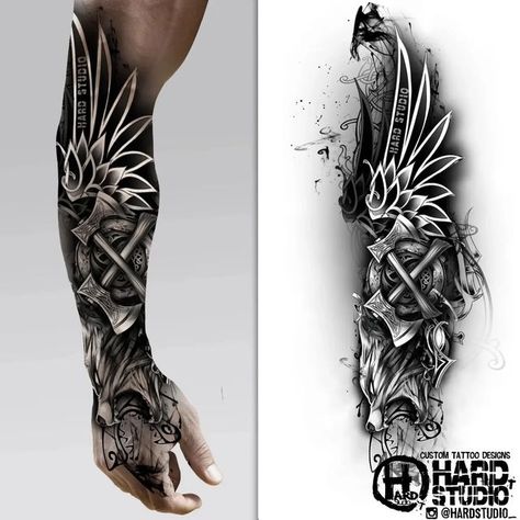 Tattoo designs gallery🖼🎨 on Instagram: "@hardstudio_ Want a tattoo but can't find a design? Order your custom tattoo design here 👉@hardstudio_ . . . ⚠️⚠️If our publication violates your copyright, please write to us @ta2admin 😊 ✔any style ✔any size ✔any content 👀 #tattoodesign #sketchbook #tattoosketches #inksketch #inksketches #hardstudio #designtattoo #inkdesig" Viking Tattoos For Men, Voll Arm-tattoos, Tato 3d, Stammestattoo Designs, Viking Tattoo Sleeve, Wolf Tattoo Sleeve, Armor Tattoo, Skull Sleeve Tattoos, Full Sleeve Tattoo Design