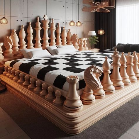 Chess Board-Shaped Bed: The Ultimate in Style and Strategy Kings Game, Hosting Guests, Unique Beds, Chess Game, Soft Bedding, Checkerboard Pattern, Creative Thinking, Cozy Bed, Room Themes