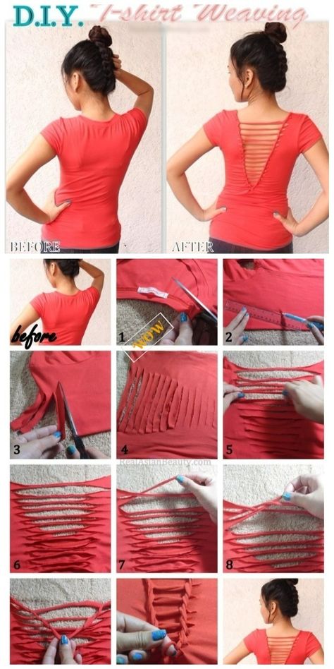 Chic T-shirt Refashion Ideas with DIY Tutorials-DIY Weaving Back T-shirt Refashion Tutorial T Shirt Redesign, Cut Tshirt Diy, Tee Shirts Diy, Umgestaltete Shirts, T Shirt Weaving, Cut Up T Shirt, Cut Shirt Designs, Diy Cut Shirts, Shirt Makeover