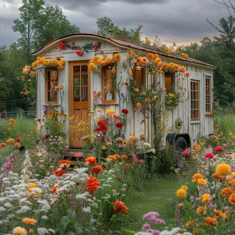 Victorian Homes Small Tiny Cottages, Tiny House On Wheels Exterior Ideas, Tiny House Fairytale Cottage, Cottage Surrounded By Flowers, Storybook Cottage Dollhouse, Class Inspiration, Old School Bus, Garden Retreat, Garden Hacks