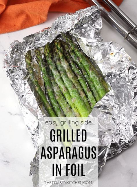 Grilled asparagus in foil recipe by The Toasty Kitchen. Grilled asparagus in foil is an easy and nutritious side dish to toss on the grill this summer! Fresh asparagus spears are tossed in garlic seasoning, wrapped in foil, then grilled until tender and topped with melty parmesan cheese. #grilledasparagus #asparagusinfoil #foilpacketrecipe #grilling #camping #grillingside #recipe Smoked Pork Tenderloin Recipes, Ways To Cook Asparagus, Grilled Peppers And Onions, Grilled Asparagus Recipes, Oven Roasted Asparagus, Asparagus Seasoning, Fit Foodie Finds, Traeger Recipes, Easy Grilling