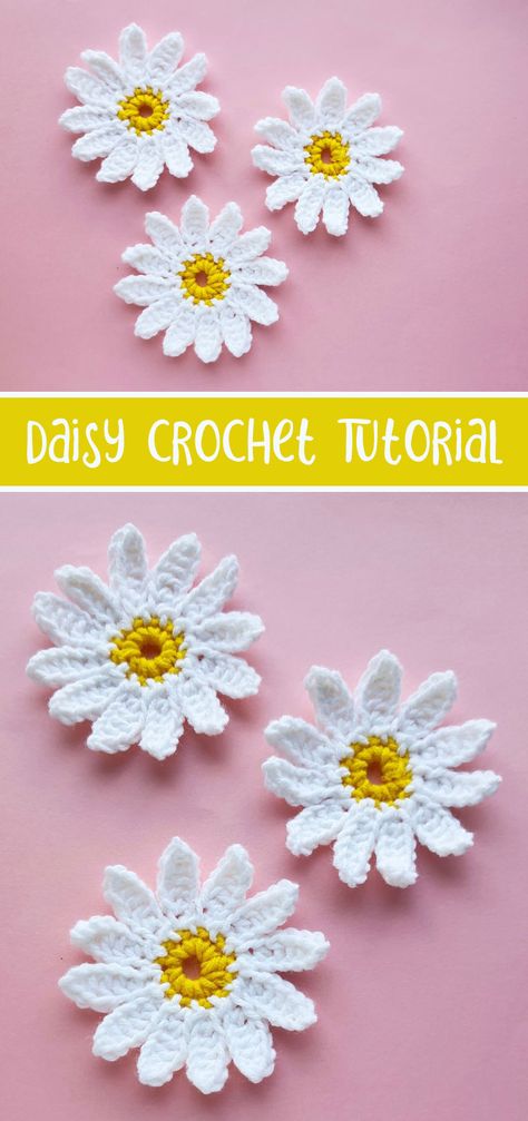 I hope you love this free daisy crochet pattern -a fun beginner crochet flower tutorial! Great for appliques and as an easter craft or crochet idea for teens. Daisy Crochet Pattern, Tote Crochet, Crochet Applique Patterns Free, Daisy Crochet, Daisy Duke, Crochet Flowers Easy, Crochet Flowers Free Pattern, Crochet Plant, Crochet Daisy