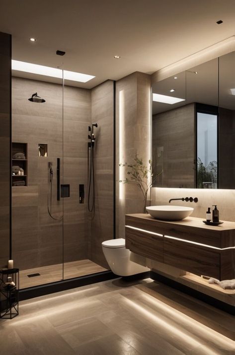 Modern Mirror Bathroom, Bathroom With Small Window, Modern House Design Bathroom, Led Mirror Bathroom Ideas, Small Bathroom Ideas 2024, Big Bathroom Aesthetic, Master Washroom Design, Modern Bathroom Ideas 2024 Design Trends, Bathroom With Wardrobe