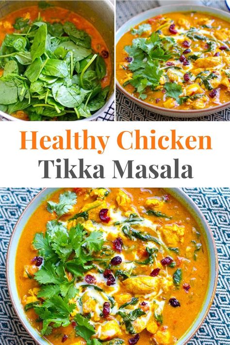 Healthy Chicken Tikka Masala Recipe With Spinach & Cranberries, Paleo, Whole30 , GLuten-Free Chicken Tikka Masala Recipes Healthy, Healthy Chicken Tikka Masala, Lower Carb Meals, Chicken Pumpkin, Chicken Tikka Masala Recipes, Lamb Curry, Curry Dishes, Chicken Tikka Masala, Indian Curry