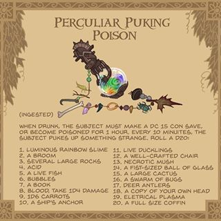 6. Perculiar Puking poison - this rainbow coloured poison is oily and has a different smell every few minuites. However, when mixed with other liquids, it becomes colourless and scentless leaving only a faint iridescence on the surface. #poison #DnD #RPG #puke #vomit #tabletop #gaming #illustration #magic #WhatDidIEat?! Quest Ideas, Dragons Inspiration, 5e Items, Fantasy Costco, Traveling Salesman, Dm Ideas, Magical Item, Guerriero Samurai, Dnd Magic