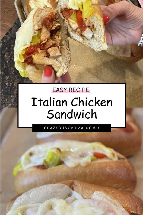 Italian Chicken Sandwich Recipe Chicken Sub Sandwich Recipes, Italian Chicken Sandwiches, Roast With Pepperoncini, Kale Pasta Salad, Crazy Busy Mama, Hoagie Sandwiches, Chicken Subs, Sub Sandwich, Printable Recipe Card