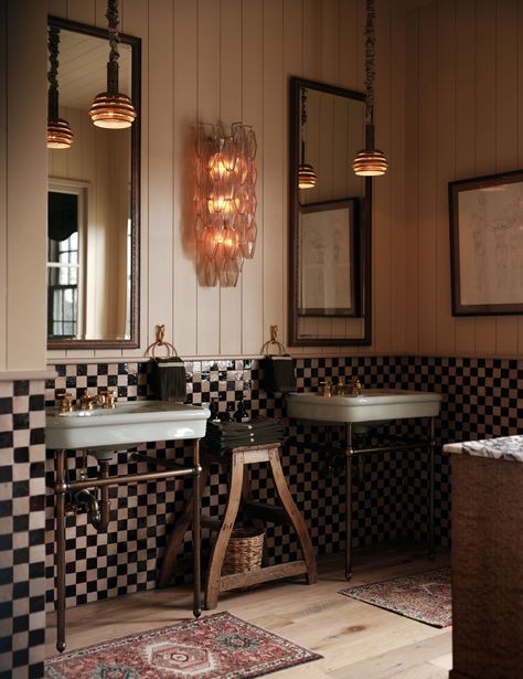 Checkered Bathroom, Urban Yard, Dreamy Bathrooms, Pierce Ward, Glass Floor Lamp, Style Deco, Dream House Decor, Interior Ideas, Architectural Digest