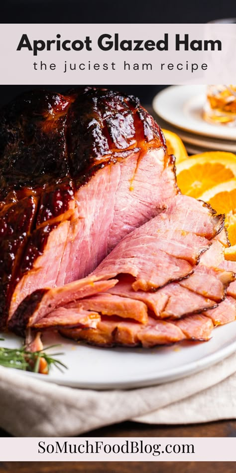 This easy Apricot Glazed Ham recipe is the perfect blend of sweet and savory. Apricot, ginger, and brown sugar make the glaze so flavorful! Apricot Ham Glaze, Easter Main Course, Apricot Glazed Ham, Bourbon Glazed Ham, Perfect Ham, Boneless Ham, Apricot Glaze, Apricot Preserves, Cooked Ham