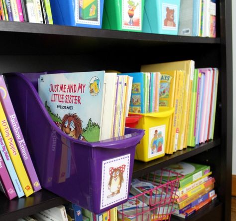 Storage Cube Organization, Homeschool Book Storage, Kid Book Organization, Kids Books Organization, Book Room Organization School, How To Organize Kids Room, Dayhome Setup, School Books Organization Home, Picture Book Library Organization