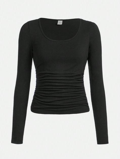 SHEIN Teen Girls' Solid Color U-Shaped Pleated Long Sleeve T-ShirtI discovered amazing products on SHEIN.com, come check them out! Plain Long Sleeve Shirts, Lulu Outfits, Girls T Shirts, Shirts For Teens, Print Tank, Teen Girls, Girls Long Sleeve, Black Casual