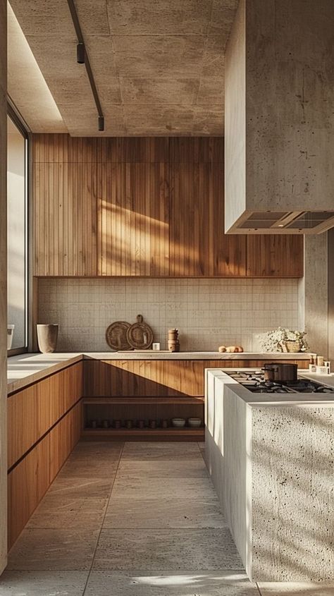 Concrete Kitchen Ideas Open Shelves, Kitchen Wood Wall Ideas, Natural Wood Design Interiors, Stone Kitchen Sink Ideas, Kitchen Ideas Concrete Floor, Concrete Floors Wood Ceiling, Concrete Wood Interior Design, Modern Spanish Colonial Kitchen, No Kitchen Kitchen