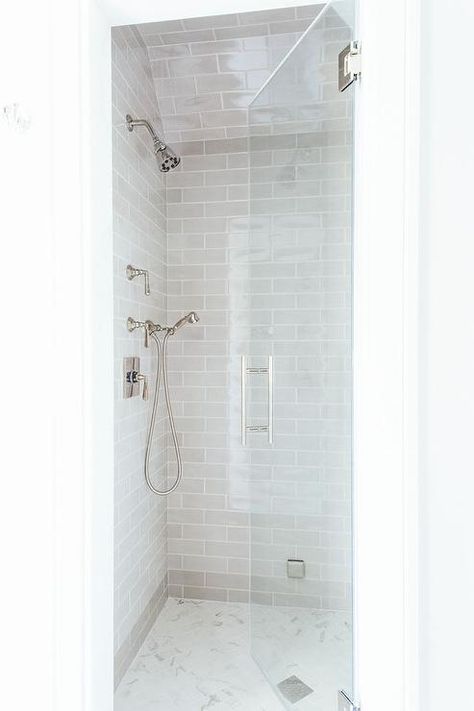 Small Walk In Shower with Gray Subway Tile Surround on Walls and Ceiling - Transitional - Bathroom Herringbone Shower Floor, Herringbone Shower, Tub To Shower Remodel, Shower Remodel Diy, Marble Herringbone, Small Shower Remodel, Small Bathroom With Shower, Small Shower, Patterned Tile