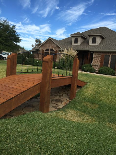 Bridge over drainage ditch Deck With Bridge, Diy Bridge Over Ditch, Bridge Over Ditch, Bridges Over Creeks, Ditch Bridge, Garden Bridge Ideas, Wooden Footbridge, Yard Bridge, Bridge Walkway