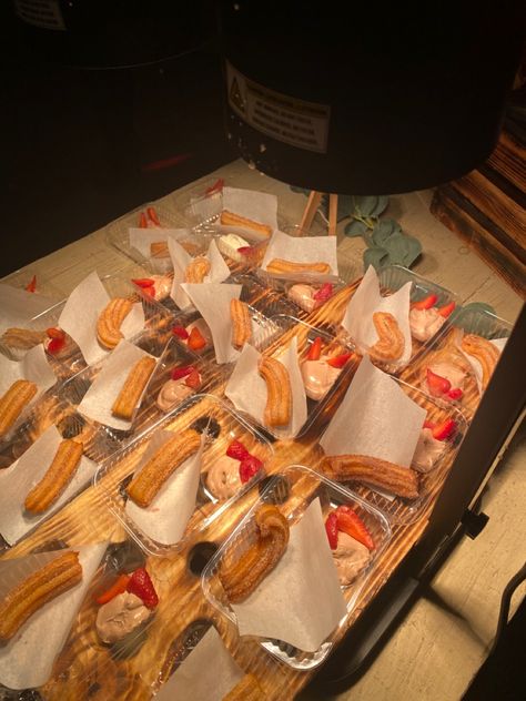 Churro catering display served with a chocolate dip and sliced strawberry. Churro Catering, Taco Bar Catering, Sliced Strawberry, Chocolate Dip, Delicious Appetizers, Bar Catering, Catering Display, Taco Bar, Street Corn