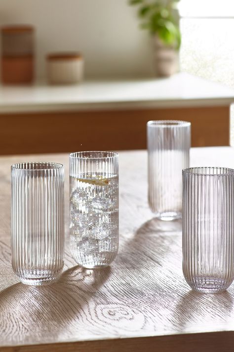 Elevate your glassware collection with this set of 4 Hollis optic tall tumblers. Crafted with sleek and precise optic, these tumblers seamlessly blend contemporary design with functional elegance. Perfect for serving up everyday refreshments. Dishwasher safe. 100% Glass. Kitchen Decor Collections, Tumbler Glasses, Future Apartment Decor, Antique Dishes, Kitchen Accessories Decor, Apartment Plans, House Design Kitchen, Cute Kitchen, Dream House Decor