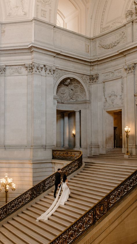 City Wedding Bridesmaid Dresses, Bride And Groom Staircase, Sf City Hall Engagement Photos, Staircase Wedding Photos, Sf City Hall Wedding Photography, City Wedding Aesthetic, Wedding Boutineers, Staircase Wedding, Sf City Hall Elopement