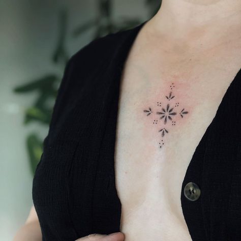 small ornamental chest tattoo Small Ornamental Tattoo Chest, Fine Line Chest Tattoo Female, Ornament Chest Tattoo, Minimalist Chest Tattoo Female, Sternum Ornamental Tattoo, Chest Ornamental Tattoo, Ornamental Tattoo Chest, Ornamental Chest Tattoo Female, Small Chest Tattoo Female Upper