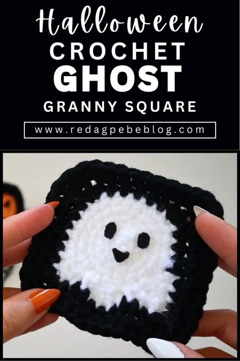 Crochet Ghost Granny Square Pattern, Crochet Ghost Granny Square, Black And White Crochet Ideas, Halloween Crochet Granny Square, Ghost Granny Square Pattern, Ghost Granny Square, Halloween Granny Square Crochet, Black Yarn Crochet Ideas, Spooky Knitting