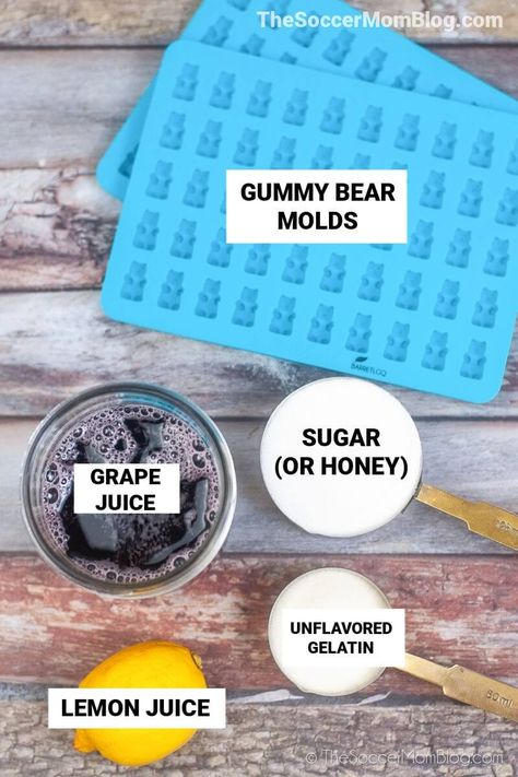 ingredients to make homemade gummy bears with grape juice Grape Juice Gummies, Honey Gummy Bears, Things To Do With Grapes, Home Made Gummies, Diy Gummy Candy, Diy Gummy Bears, Homemade Gummy Candy, Gummy Recipes, Juice Gummies