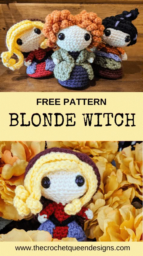 This Set Of Crocheted Sanderson Sisters from Hocus Pocus Will Look Glorious In Your Home Blonde Witch, Crochet Queen, Crochet Disney, Yarn Bee, Halloween Crochet Patterns, Pola Amigurumi, Crochet Amigurumi Free, Crochet Fall, Holiday Crochet