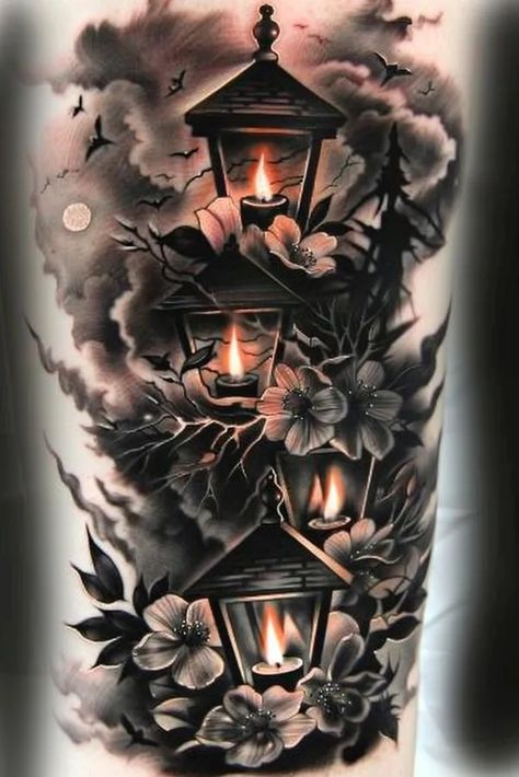 Tattoo idea: tattoo sketch The soft glow of lanterns adorns a tradi 3 Spooky Lantern Tattoo, Moth Lantern Tattoo, Gothic Lantern Tattoo, Night Time Tattoo, Japanese Lantern Tattoo, Starlight Tattoo, Lantern Tattoo Design, Candle Tattoo Design, Soft Tattoo