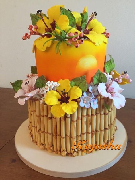 Tropical Bamboo Cake by Ksyusha Hawaiian Birthday Cakes, Hibiscus Cake, Tiki Cake, Tropical Cakes, Aloha Cake, Tropical Birthday Cake, Bolo Paris, Hawaii Cake, Tropical Cake