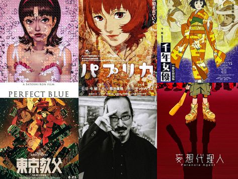 1. Perfect Blue 2. Paprika 3. Millennium Actress 4. Tokyo Godfathers 5. Paranoia Agent Tokyo Godfathers Poster, Paranoia Agent Poster, Metaverse Illustration, Perfect Blue Anime, Millennium Actress, Paranoia Agent, Tokyo Godfathers, Satoshi Kon, Rick And