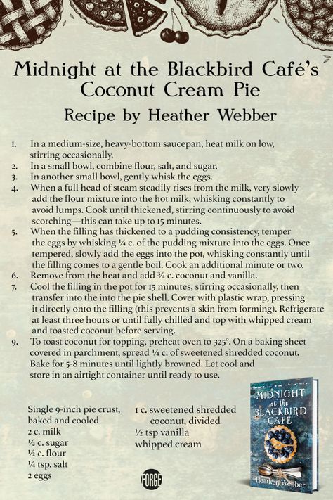 Midnight At The Blackbird Cafe Recipes, Blackbird Pie Recipe, Black Bottom Banana Cream Pie, Blackbird Meaning, Blackbird Pie, Midnight At The Blackbird Cafe, Yummy Pie, Bluebird Book, Book Club Food