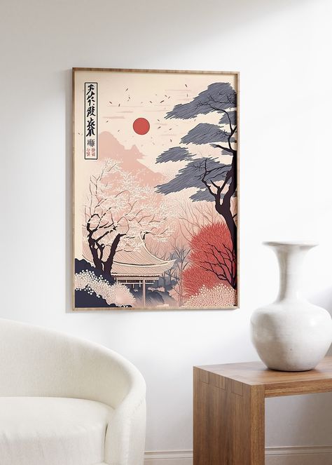 Japanese Sunset, Blossom Illustration, Japandi Art, Retro Style Art, Japan Wall Art, Cherry Blossoms Illustration, Japan Poster, Inspired Illustration, Japanese Temple