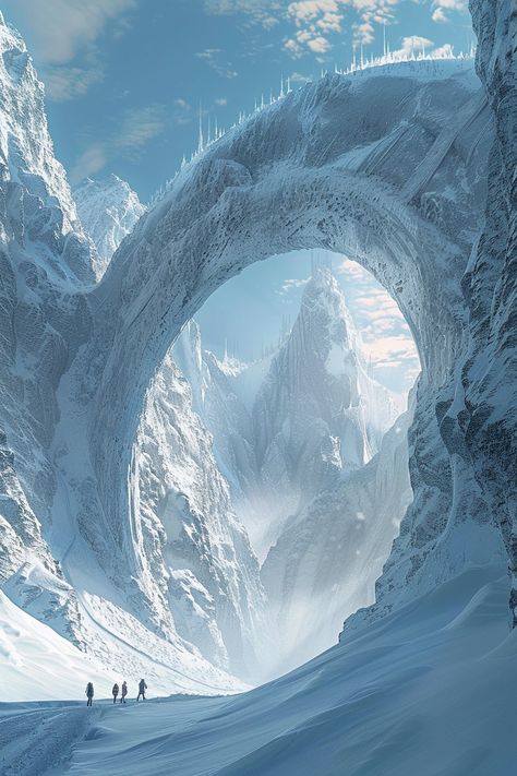 people are standing by the portal leading to an underground cave, in the style of futuristic visions ,snow scenes, realistic and hyper-detailed renderings, organic architecture, whistlerian, frozen movement, futuristic spacescapes Ice Statue Aesthetic, Ice World Concept Art, Futuristic Ice City, Ice Planet Concept Art, Snow Monster Art, Snow Concept Art, Snow Apocalypse, Mountain Concept Art, Ice Explosion