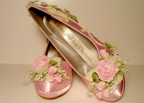 These were made for a bride getting married at Disney Land Bride Flats, Indian Shoes, Fairy Shoes, Pink Platform, Princess Bridal, Flower Girl Shoes, Creative Shoes, Pink Platforms, Flower Shoes