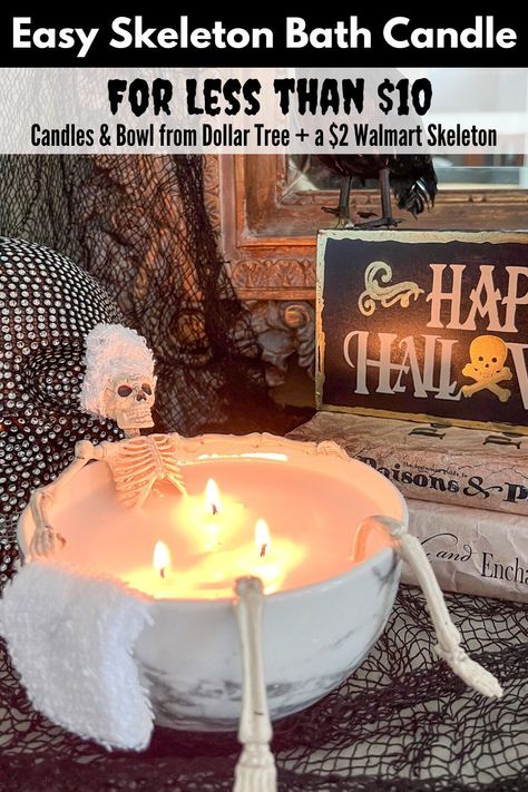 This DIY Halloween candle is a super inexpensive way to bring humor to your Halloween decorations with a bowl and candles from Dollar Tree and a two dollar WalMart skeleton! Diy Skeleton Bath Candle, Diy Skeleton Candle, Skeleton Bath Candle, Skeleton In Bathtub With Bubbles, Spooky Candles Diy, Skeleton Candle Diy, Halloween Diy Candles, Diy Halloween Candles, Diy Skeleton Decor