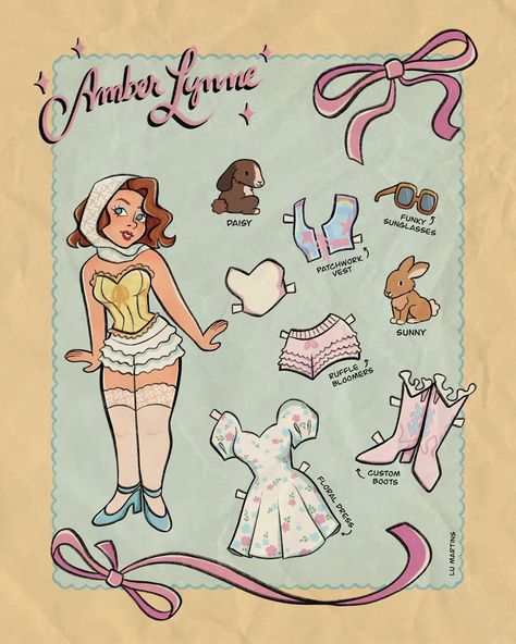 custom paper doll illustration i did for the lovely @amberlynnecreativeco a while ago 🎀🐇 her style is amazing, i love how it turned out! #paperdoll #illustration #vintage #commission Sabrina Carpenter Paper Doll, Paper Dolls Printable Free, Paper Doll Outfits, Custom Paper Dolls, Doll Illustration, Drawing Tut, Funky Sunglasses, Patchwork Vest, Vintage Paper Doll