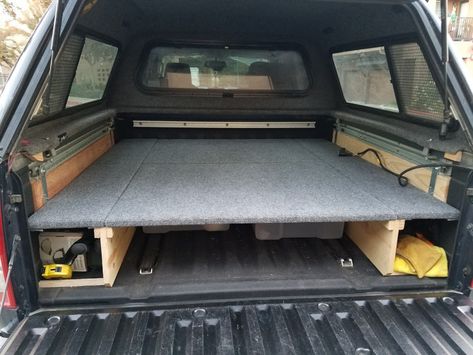 Decking off the bed-Sleeping platform | Nissan Frontier Forum Truck Topper Camping, Decked Truck Bed, Pickup Camping, Small Pontoon Boats, Bed Deck, Diy Truck Bedding, Astuces Camping-car, Truck Organization, Truck Toppers