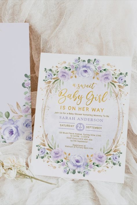 Elegant lavender baby shower invitation featuring delicate floral designs and charming typography for a joyful celebration. Pastel, Pink And Purple Baby Shower Ideas, Lavender Baby Shower Ideas, Floral Wreaths, Purple Baby, Baby Shower Cards, Baby Shower Invites For Girl, Pastel Purple