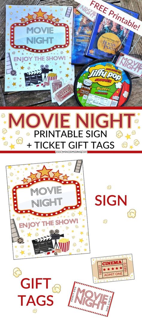 Perfect for your next movie night event, these free themed printables include a sign, tickets, and labels. Use them to decorate for your movie party or use as tags for a movie screening themed gift! Printable Movie Tickets Templates Free, Movie Night Printables Free, Movie Night Tickets Free Printable, Movie Night Decorations Indoor, Movie Themed Gift Basket, Movie Ticket Design, Movie Night Sign, Movie Night Printables, Movie Night Tickets