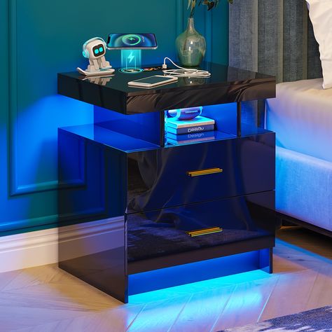 PRICES MAY VARY. ✅【24 Lighting Colors】 This nightstands is designed with RGB lighting, 24 lighting colors change, can create different atmosphere, let us read or watch a movie have a feeling of being in the realm. ✅【Auto On/Off LED Light】The end tables is equipped with human body sensing function, when we are close to it, the LED light will automatically light up, and go out automatically when we leave, so that we can no longer feel the dark when we get up at night. ✅【Nightstand with charging st Urban Room Decor, Black Nightstands, Boy Room Paint, Urban Rooms, Organization Hacks Bedroom, Side Tables For Bedroom, Teenage Boy Room, Nightstand With Charging Station, Table For Bedroom