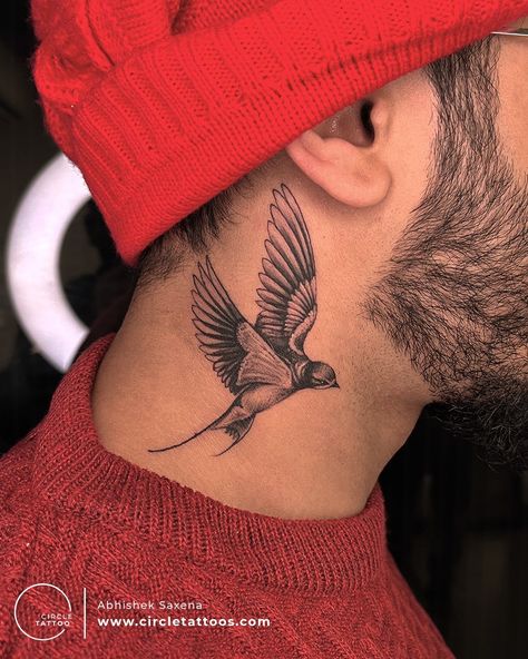 Swallow Neck Tattoo Men, Swallow Tattoo On Neck, Bird Tattoo On Neck For Men, Bird Tattoo Neck Men, Coverup Neck Tattoos Women, Swallows Tattoo Men, The Swallow Tattoo, Neck Tattoo For Guys Birds, Men’s Swallow Tattoo