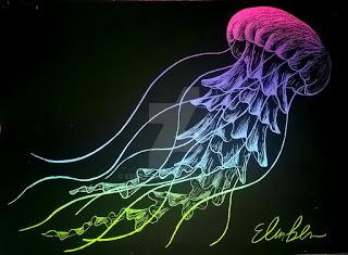 Rainbow Scratchboard Art, Pastel Drawing On Black Paper, Rainbow Scratch Art Ideas, Jellyfish Pastel, Scratch Paper Art, Rainbow Jelly, Scratchboard Art, Jellyfish Art, Black Paper Drawing