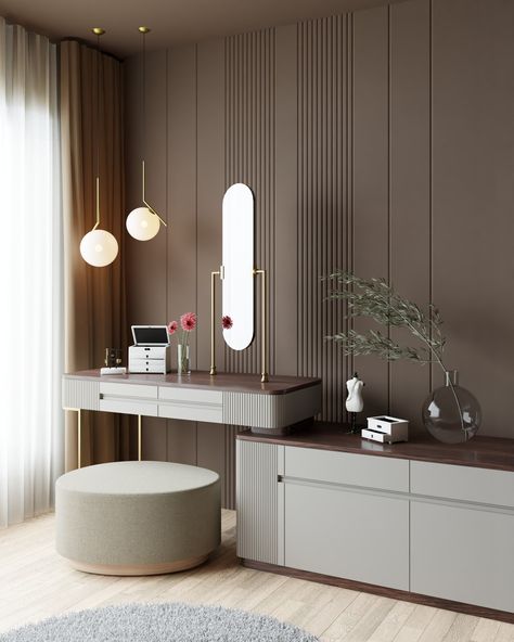 Mirror, mirror on the wall, who's ready to conquer it all? ✨ Start your day with inspiration from our stunning pivot mirror shown in a warm-toned interior! Don't forget to smile at yourself in the mirror today and remind yourself: it's going to be a great day! 💕 Mirrors For Dressing Tables, Vanity Ideas Bedroom Luxury, Bedroom With Round Mirror, Dressing Room Colour Ideas, Dresser Room Design, Vanity In Room, Dresser Table Design, Round Mirror Dresser, Dressing Table Interior Design