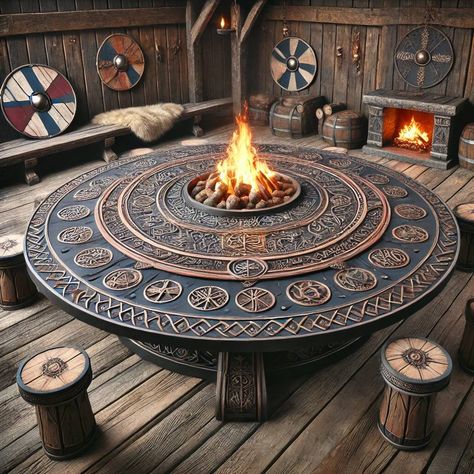 Yeah, yeah, so it's AI generated - who cares - admit it, you would want to eat some meat around this table, wouldn't you? #wantto #eatsomemeat #vikingstyle #vikingsofinstagram #vikinglifestyle #vikinglife #vikinginspired #thevikingway Viking Table Decor, Viking Room Decor, Viking Decor Interior Design, Viking Furniture, Viking Table, Dark Academia Home, Hotel Design Architecture, Viking House, Lodge Design