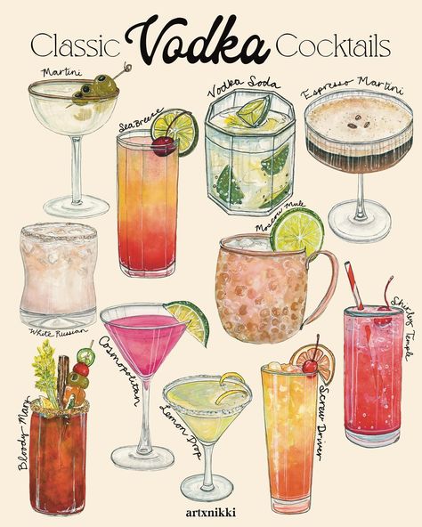 for all of my cocktail lovers! we painted the classics of gin, vodka, bourbon, and tequila cocktails🍹pick your favorite or hang all 4 together. now available online, cheers! Painted Cocktails, Cute Drinks Aesthetic, Classic Vodka Cocktails, Cocktail Gin, Cocktails Clipart, Spring Drink, Cocktail Decoration, Cocktail Names, Vodka Soda