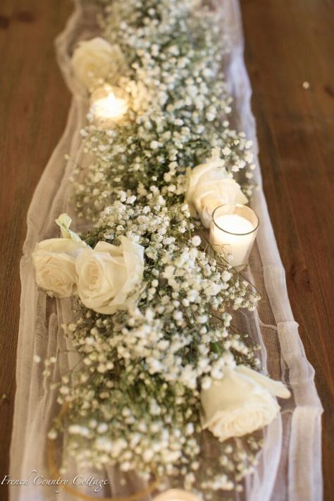 DIY Wedding Garland- Baby's Breath & Roses - French Country Cottage French Country Wedding Decor, Diy Wedding Garland, French Country Wedding, White Roses Wedding, White Wedding Theme, Reception Tables, Rose Centerpieces, French Country Cottage, Head Table