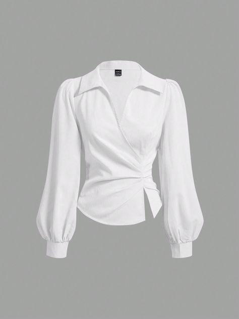 Women's Elegant Solid Color Lantern Sleeve Wrap Blouse, Spring And Autumn White Elegant  Extra-Long Sleeve Woven Fabric Plain Top Non-Stretch  Women Clothing, size features are:Bust: ,Length: ,Sleeve Length: White Social Shirt, White Elegant Blouse, Classy Blouses For Women, Korean Tops Blouse, Corporate Tops, Women Blouses Fashion Classy, Wrap Tops For Women, Elegant Workwear, Autumn Blouses